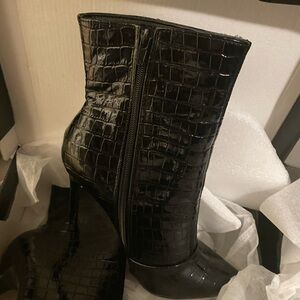 Black faux crocodile mid calf boots